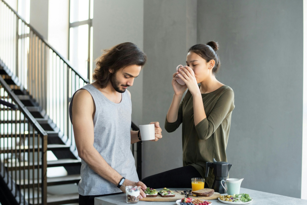 A couple enjoying breakfast at home