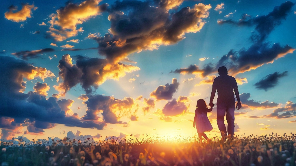 Father and daughter holding hands, walking towards a sunset