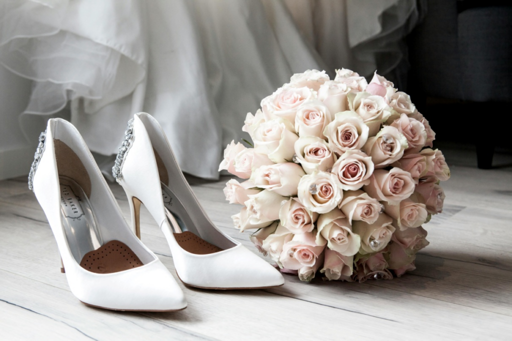 A bouquet with a pair of shoes